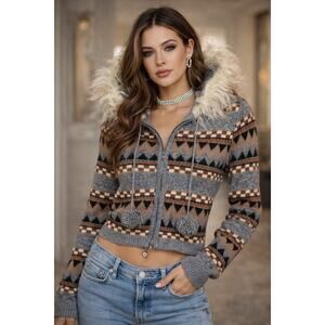 bebe 90s Wool/Cashmere/Angora Blend Lamb Fur Trim Fair Isle Full Zip Hoodie M